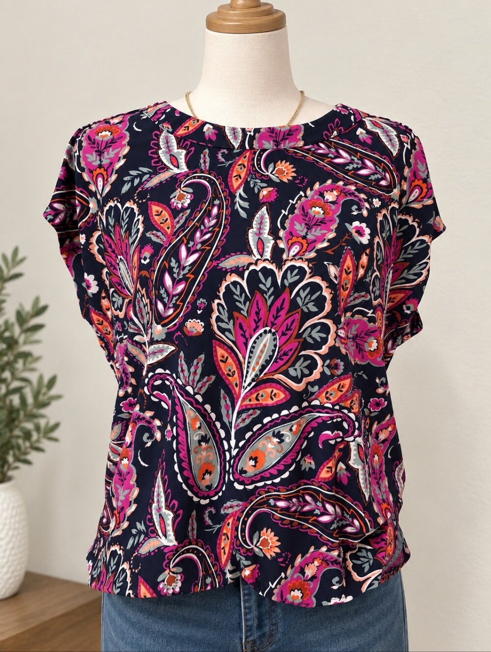 Jones New York Signature Floral Print Short Sleeve Blouse Size S